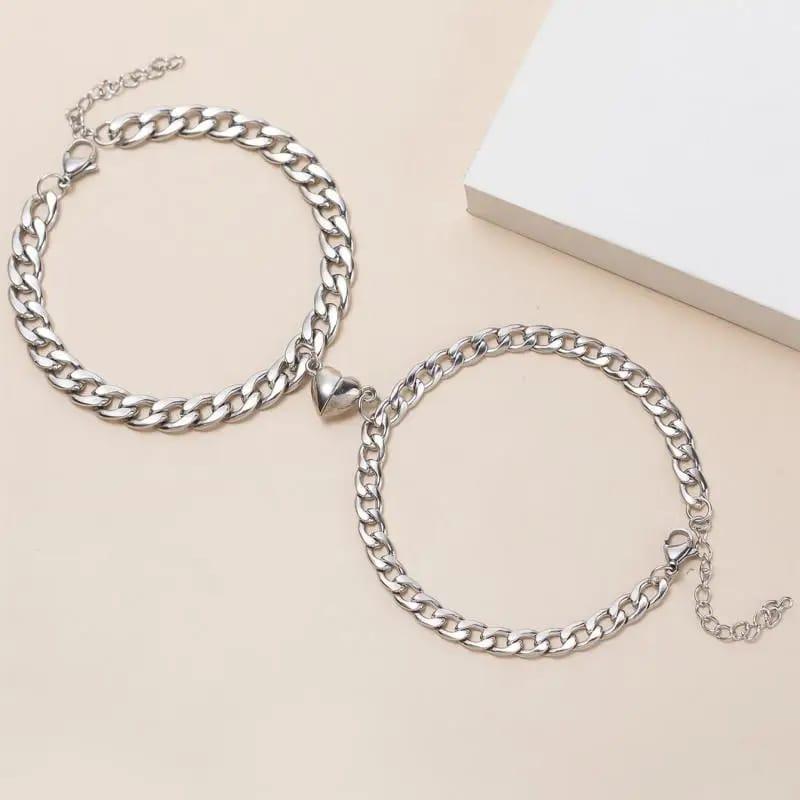 Silver & Gold-Plated Magnet Heart Design Couple's Bracelet- 2 Pcs