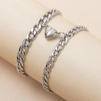 Silver & Gold-Plated Magnet Heart Design Couple's Bracelet- 2 Pcs