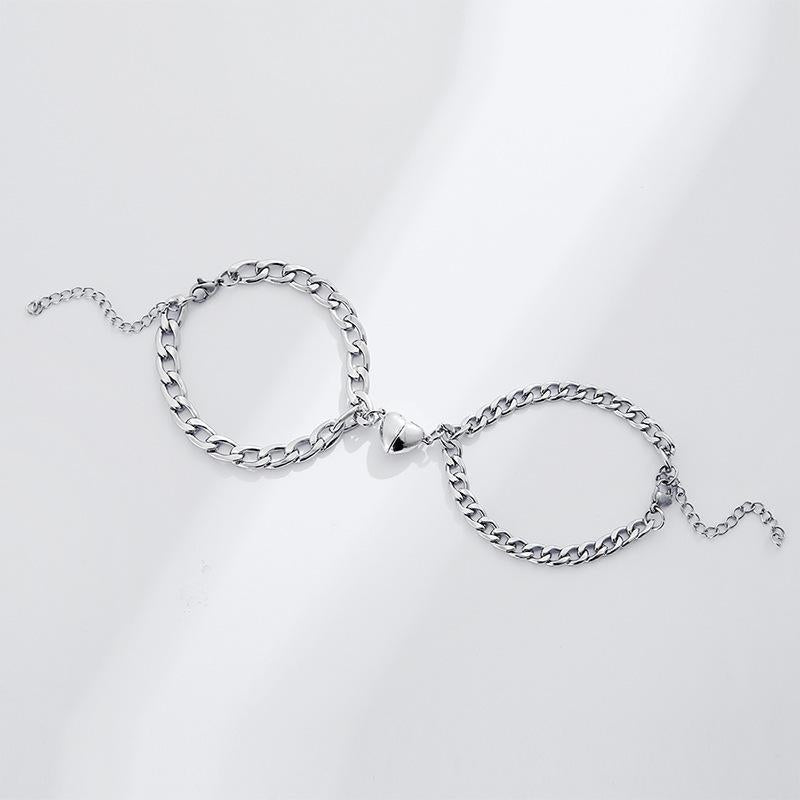 Silver & Gold-Plated Magnet Heart Design Couple's Bracelet- 2 Pcs